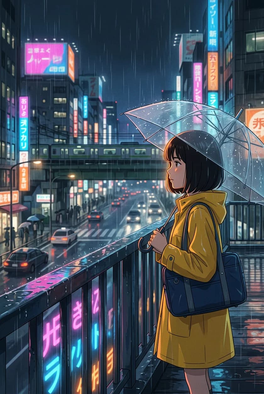 Anime illustration of a young woman under an umbrella in Tokyo