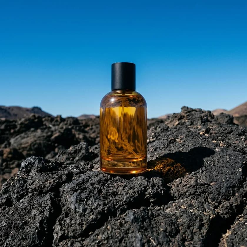 Amber perfume bottle on black rock under a blue sky